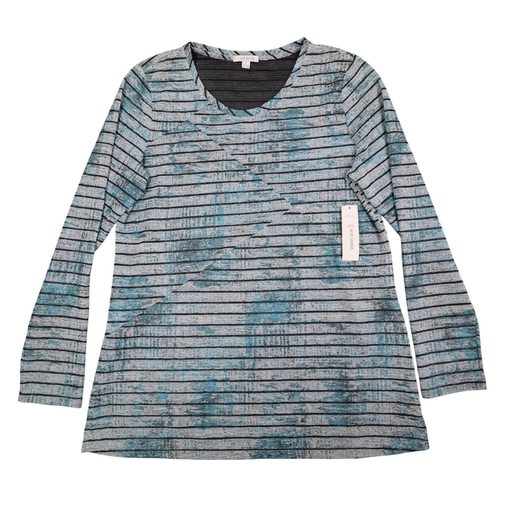 Erin London Top Womens Large Blue Gray Striped Textured Knit Long Sleeve New